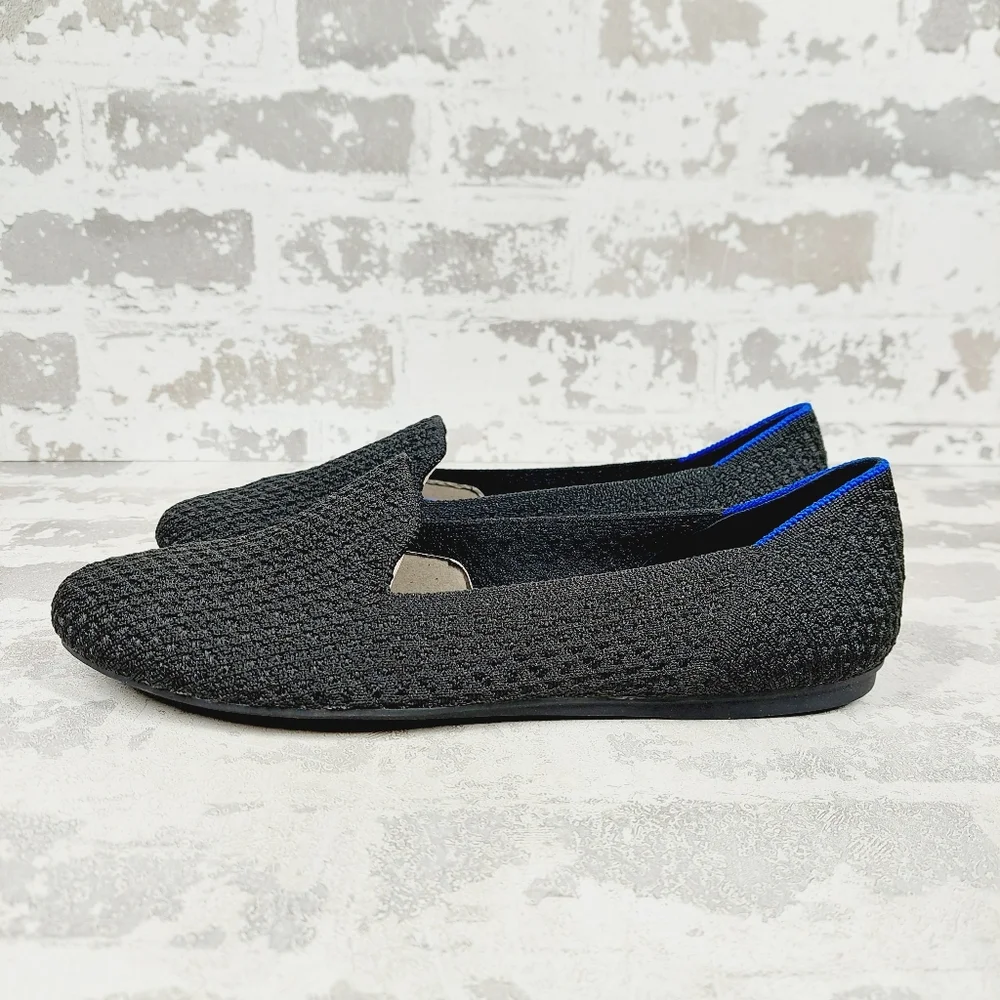 New Rothy's The Flat Black Knit Round Toe Slip On Loafers T491